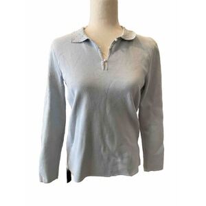 Vintage Polo Collared Sweater Pastel Blue Cornflower Pearls Granny Cottage Small